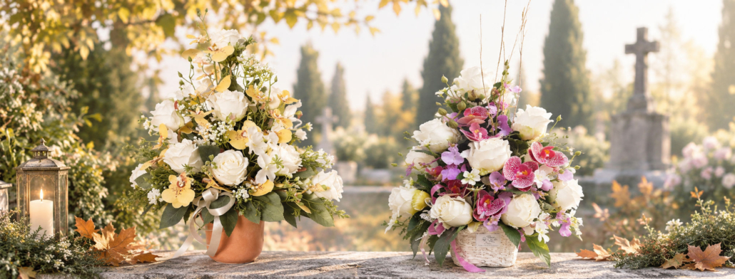 Flores duraderas artificiales hiperrealistas para nicho de cementerio en Día de Todos los Santos y Día de Todos los Difuntos