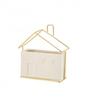 Maceta rectangular blanca de cerámica, tamaño mediano, con forma de casa y detalles geométricos de color dorado. Decoración nórdica y moderna.