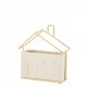 Maceta rectangular blanca de cerámica, tamaño mediano, con forma de casa y detalles geométricos de color dorado. Decoración nórdica y moderna.
