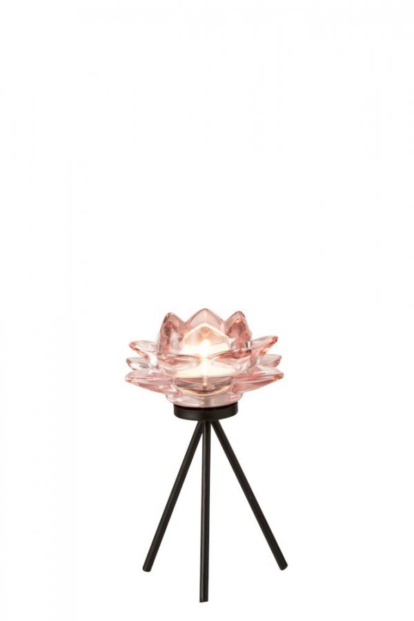 Portavelas candelabro de vidrio en forma de flor y pie de forja