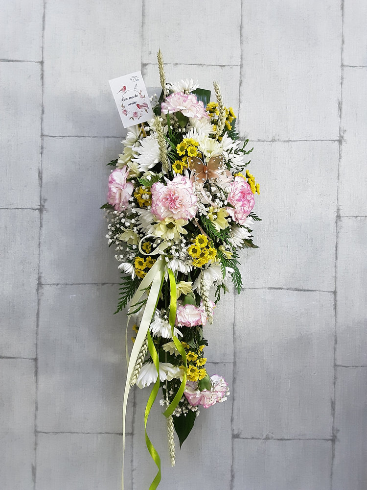 arreglo floral difuntos, lágrima para colgar en cementerio