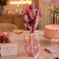 capsula flores secas primavera con jarrón y lazo a juego decorando una mesa de cumpleaños en tonos rosas