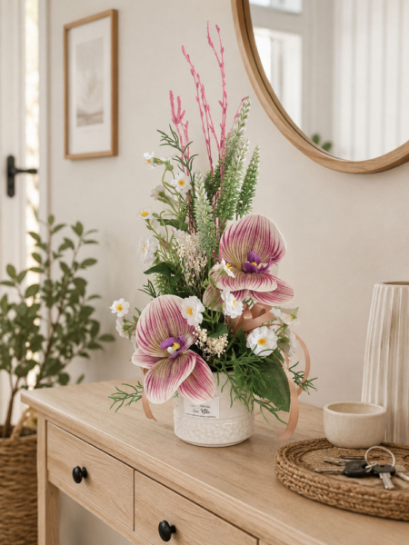 Centro orquídeas artificiales Renata de efecto natural hiperrealista, con lacitos y elegante vasija de cerámica