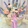 flores artificiales en cesta para decorar, Celeste