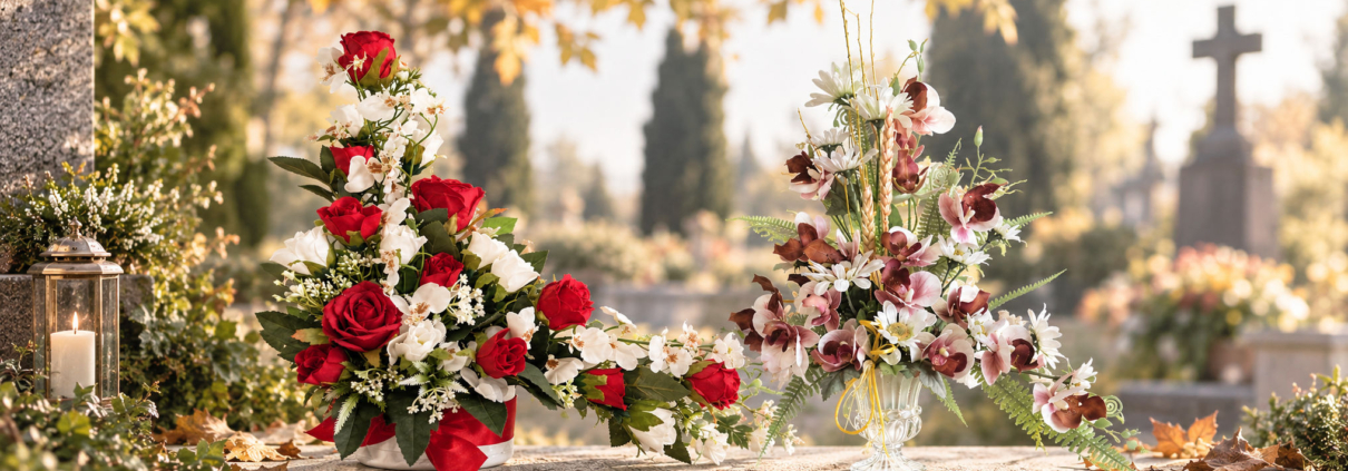 Centros de flores hiperrealistas y duraderas para nicho de cementerio para Día de Todos los Santos y Día de Todos los Difuntos