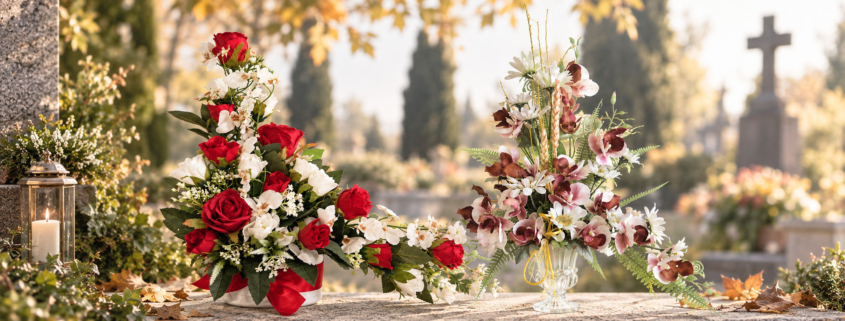 Centros de flores hiperrealistas y duraderas para nicho de cementerio para Día de Todos los Santos y Día de Todos los Difuntos
