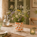 maceta cerámica de naranjas con flores silvestres en un amesa de comedor estilo cottage