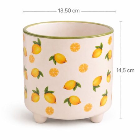 maceta decoratica limones, de cerámica con brillo, con patas, diámetro 13,50cm x alto 14,5cm