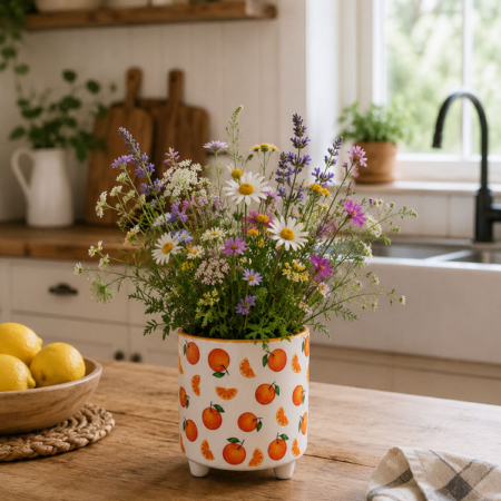 maceta decorativa estampado naranjas con flores silvestres en cocina cottage
