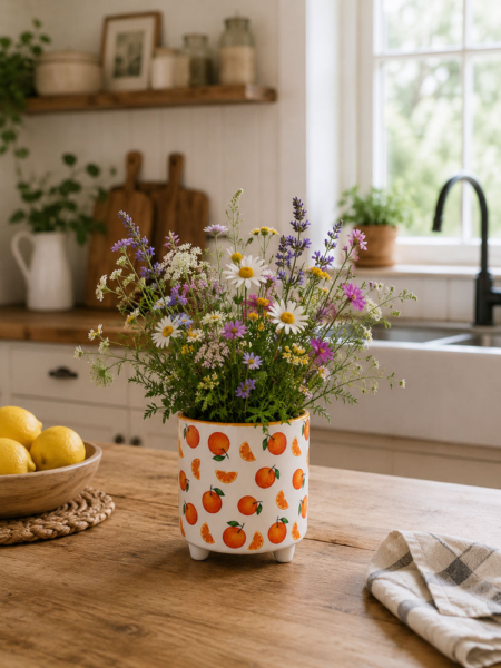 maceta decorativa estampado naranjas con flores silvestres en cocina cottage