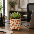 maceta decorativa estampado naranjas con planta crasa en mesa de despacho