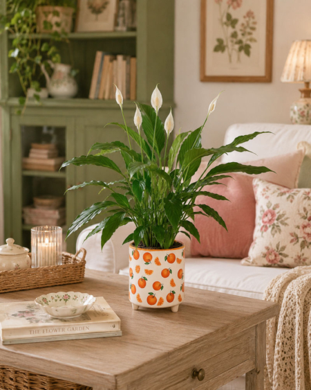 maceta decorativa estampado naranjas con planta espatifilo en mesita de sala de estar de estilo cottage