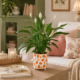 maceta decorativa estampado naranjas con planta espatifilo en mesita de sala de estar de estilo cottage