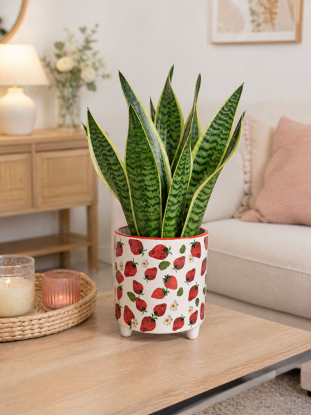 maceta decorativa fresas con planta decorando una salita de estar