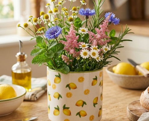 maceta decorativa limones con flores naturales silvestres, ideales para dar vida a la cocina y a tus mesas