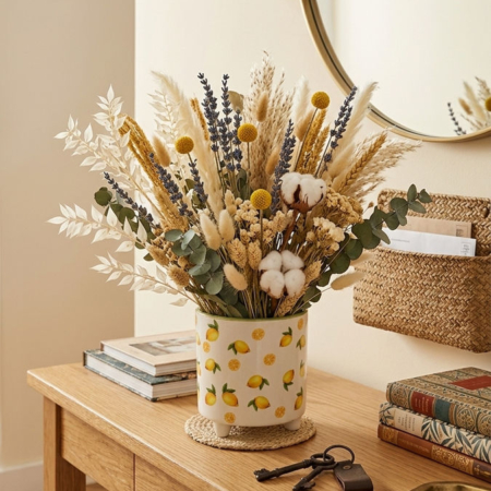 maceta decorativa limones con flores secas y preservadas, ideales para una decoeación elegante y campestre al mismo tiempo.