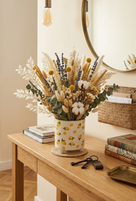 maceta decorativa limones con flores secas y preservadas, ideales para una decoeación elegante y campestre al mismo tiempo.