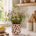 maceta fresas de cerámica en cocina con flores silvestres
