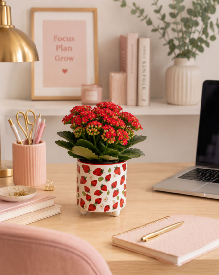 maceta fresas fruit decor 10x10cmcon planta calanchoe en escritorio femenino