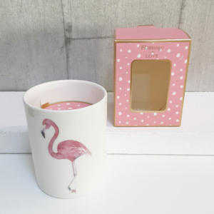 Vela perfumada decorativa en recipiente de cerÃ¡mica con ilustraciÃ³n de flamenco, con caja rosa para regalo