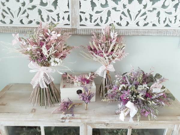 Conjunto pack de flores para la novia estilo vintage, de flores secas y preservadas